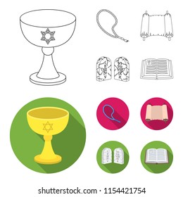 A cup of wine, Islamic beads, ten commandments, tanakh. Religion set collection icons in outline,flat style vector symbol stock illustration web.