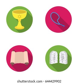 A cup of wine, Islamic beads, ten commandments, tanakh. Religion set collection icons in flat style vector symbol stock illustration web.