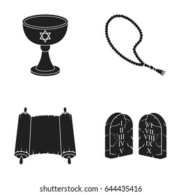 A cup of wine, Islamic beads, ten commandments, tanakh. Religion set collection icons in black style vector symbol stock illustration web.