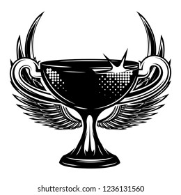 Cup with wings. Vector monochrome illustration.