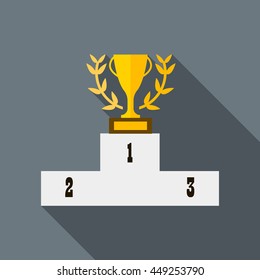 Cup of winner award on white podium icon in flat style on a gray background