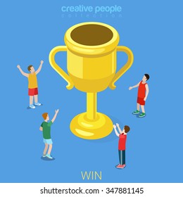 Cup winner flat 3d isometry isometric concept web infographics vector illustration. Big trophy and micro sports men. Creative people collection.