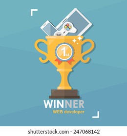 Cup winner with gadgets. flat illustration