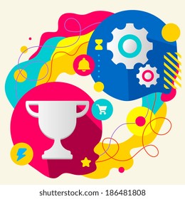 Cup winner and gears on abstract colorful splashes background with different icon and elements. Internal mechanism, structure and operating principles. Flat  design for the web, print, banner, ad