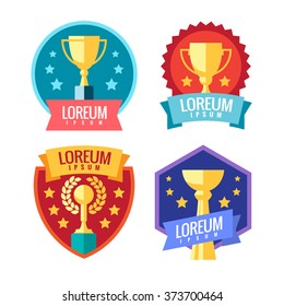 Cup winner logo. Emblems set. The idea of achieving victory. Logo competition. Trophy in flat style. Vector sign template. 