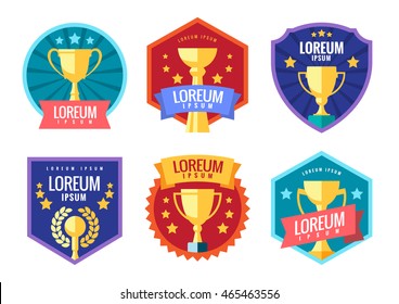 Cup Winner Logo. Emblems Set. The Idea Of Achieving Victory. Logo Competition. Trophy In Flat Style. Vector Sign Template.