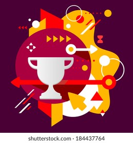 Cup winner on abstract dark colorful spotted background with different elements. Flat design 