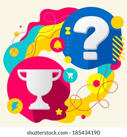 Cup winner and question mark on abstract colorful splashes background with different icon and elements. Flat design for the web, print, banner, advertising.