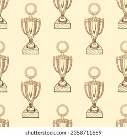 Cup-Gewinner nahtloses Muster. Sketch-Illustration. Auf hellgelbem Hintergrund. Vektorgrafik.