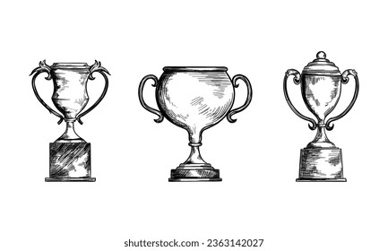 Cup winner set. sketch. Hand Drawn Trophy vector Illustration