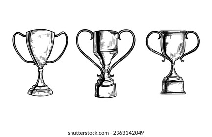 Cup winner set. sketch. Hand Drawn Trophy vector Illustration