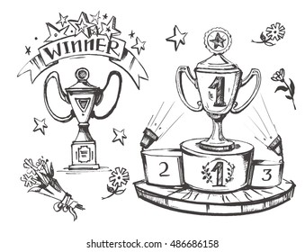 Cup winner set. sketch. vector