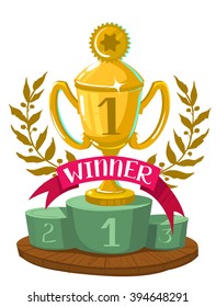 Cup winners with a laurel wreath on the podium. Vector