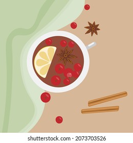 A cup of winter tea with lemon, berries and cinnamon. Hand drawn style. Cartoon color illustration for cards, polygraphy, banners.