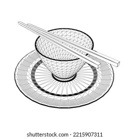 Cup wireframe with chopsticks from black lines isolated on white background. Asian dishes. Isometric view. 3D. Vector illustration.