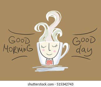 Cup With The Wishes Of Good Morning And Good Day. A Smiling Girl With Developing Hair.