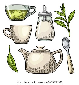 Cup wit tea, branch with leaves, glass sugar shaker, pot, spoon. Vector vintage engraving illustration for label, poster, web. Isolated on white background.
