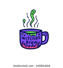 Cup of witch brew for Halloween. Cute Halloween card in doodle style. Vector illustration.