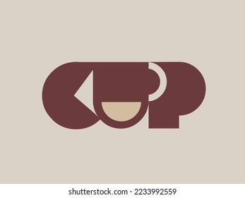 CUP word mark logo. Typographic lettering text. Alphabet initials. Bold characters isolated on light fund. Decorative letters for bar, food, drink business. Abstract geometric shapes.