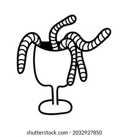 Cup with worms doodle art. Witch ingredients. Hand drawing vector illustration with black line. Simple element. Icon from the collection for the holiday Halloween.