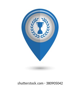 Cup with wreath - vector icon;  blue map pointer
