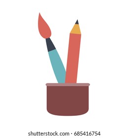 cup with writing utensils pen brush in flat design style
