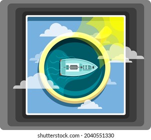 Cup with a yacht on the background of the sky. Vector. Sticker. Gray background with transition. Coffee cup. Ship in a cup.