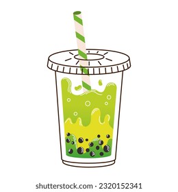 Cup of yellow green bubble tea with stick, lid and tapioca in flat style isolated on white background. For print, design, poster