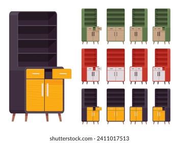 Cupboard accent big set, storage kitchen pantry, cabinet, buffet. Functional and attractive open shelf with drawer. Vector flat style cartoon home, office furniture objects isolated, white background