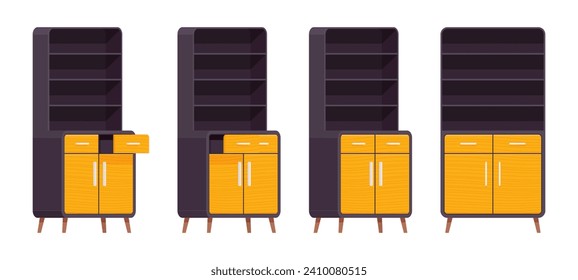 Cupboard accent set, storage kitchen pantry, cabinet or buffet. Functional and attractive open shelf with drawer. Vector flat style cartoon home, office furniture objects isolated on white background