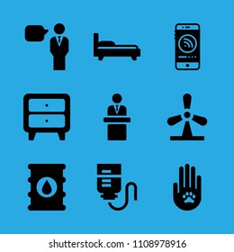 cupboard, bed, barrel, speech, drop counter, smartphone, windmill, speech and animal solidarity vector icon. Simple icons set