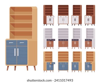 Cupboard big set, storage kitchen pantry, cabinet or buffet. Functional and attractive open shelf with drawer. Vector flat style cartoon home, office furniture objects isolated on white background