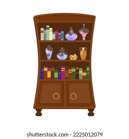 Cupboard with books and potion flasks cartoon illustration. Wizard school interior isolated on white background. Halloween, fairy tale, magic, old library concept.