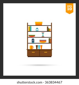 Cupboard with books and tableware