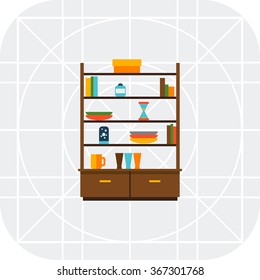 Cupboard with books and tableware