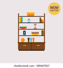 Cupboard with books and tableware