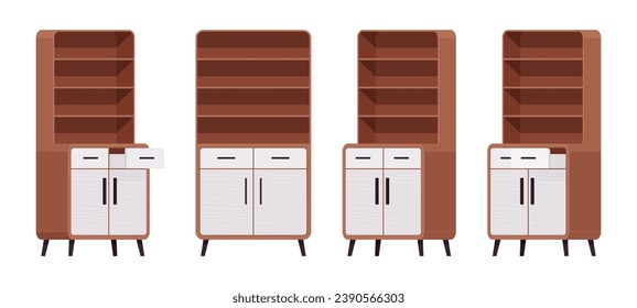 Cupboard brown set, storage kitchen pantry, cabinet or buffet. Functional and attractive open shelf with drawer. Vector flat style cartoon home, office furniture objects isolated on white background