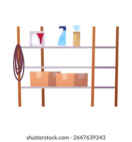 Cupboard, cabinet flat icon. Cartoon steel shelves, closet furniture for space organize. Basement, garage storage or warehouse furniture with stuff, rope, cardboard boxes, detergent