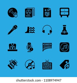 cupboard, dam, microphone, microphone, xylophone, flask, newspaper, compact disc and panpipe vector icon. Simple icons set