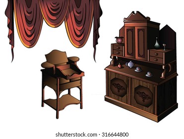 Cupboard and desk of early XIX century, vector illustration