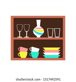 Cupboard with dishes in flat style. Vector illustration isolated on white background