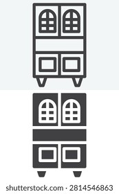 Cupboard with drawers icon set featuring upper glazed doors and lower drawers. Line outline and solid icon in different style, editable stroke vector sign and symbol.