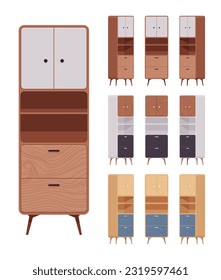 Cupboard furniture big set in natural colors. Functional kitchen buffet, laundry, pantry display cabinet, utility room stuff storage. Vector flat style cartoon home, office isolated, white background