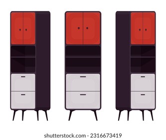 Cupboard furniture set in accent red, black. Functional kitchen buffet, laundry, pantry display cabinet, utility room stuff storage. Vector flat style cartoon home, office isolated, white background