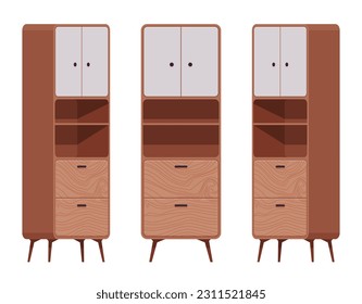 Cupboard furniture set in natural brown. Functional kitchen buffet, laundry, pantry display cabinet or utility room stuff storage. Vector flat style cartoon home, office isolated, white background