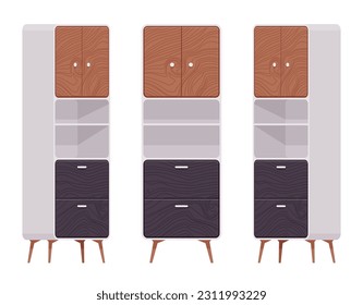 Cupboard furniture set, natural brown, black. Functional kitchen buffet, laundry, pantry display cabinet, utility room stuff storage. Vector flat style cartoon home, office isolated, white background