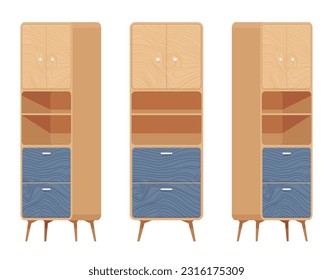 Cupboard furniture set in natural brown, blue. Functional kitchen buffet, laundry, pantry display cabinet, utility room stuff storage. Vector flat style cartoon home, office isolated, white background