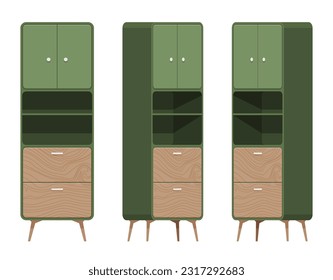 Cupboard furniture set, natural brown, green. Functional kitchen buffet, laundry, pantry display cabinet, utility room stuff storage. Vector flat style cartoon home, office isolated, white background