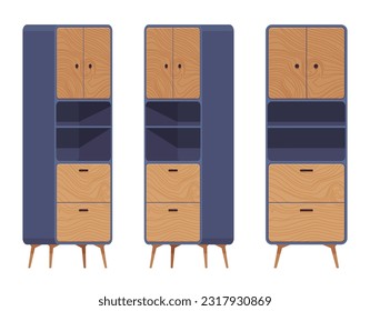 Cupboard furniture set, natural brown, blue. Functional kitchen buffet, laundry, pantry display cabinet, utility room stuff storage. Vector flat style cartoon home, office isolated, white background