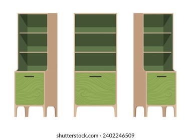 Juego verde del portapapeles, almacenamiento de cocina estante abierto organizador del armario. Dormitorio, baño, decoración de salón. Hogar de dibujos animados de estilo plana vectorial, objetos de mobiliario de oficina aislados en fondo blanco